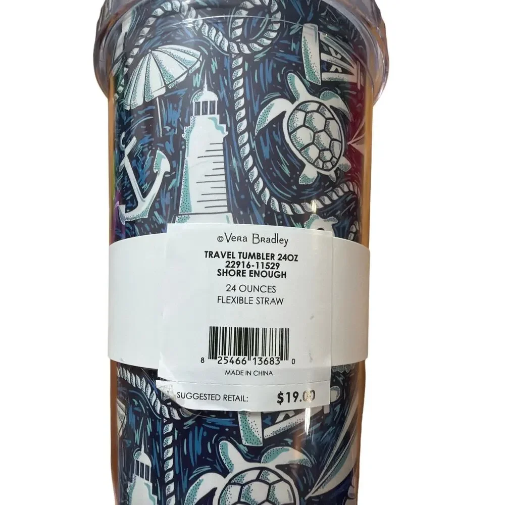 Vera Bradley Travel Tumbler 24 oz Shore Enough Blue & White Ocean Beach New
